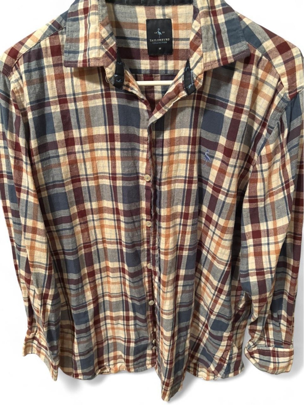 Tailorbyrd Men's Plaid Button-Down Shirt in Beige, Blue & Burgundy Medium